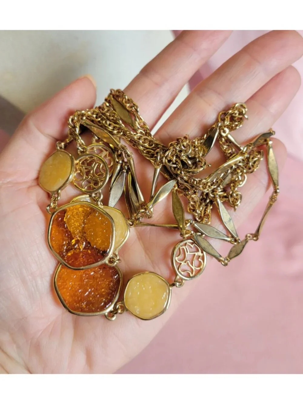 Sarah Coventry Gold Tone Long 2 Pc Chain Amber Look Layered Necklace N1A